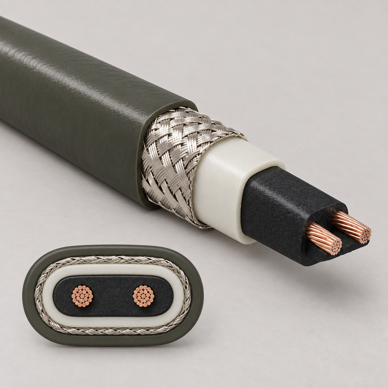 High-temperature heat trace cutaway showing copper conductors, self-regulating core, fluoropolymer insulation, copper screen and polyolefin outer sheath