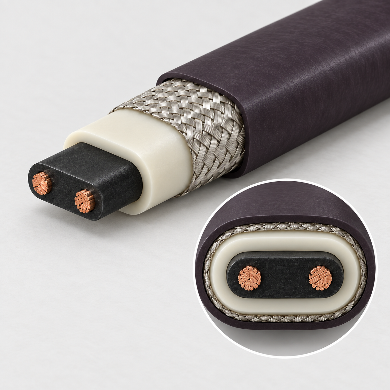 Steam-cleanable heat trace cutaway showing copper conductors, self-regulating core, fluoropolymer insulation, copper screen and fluoropolymer outer sheath