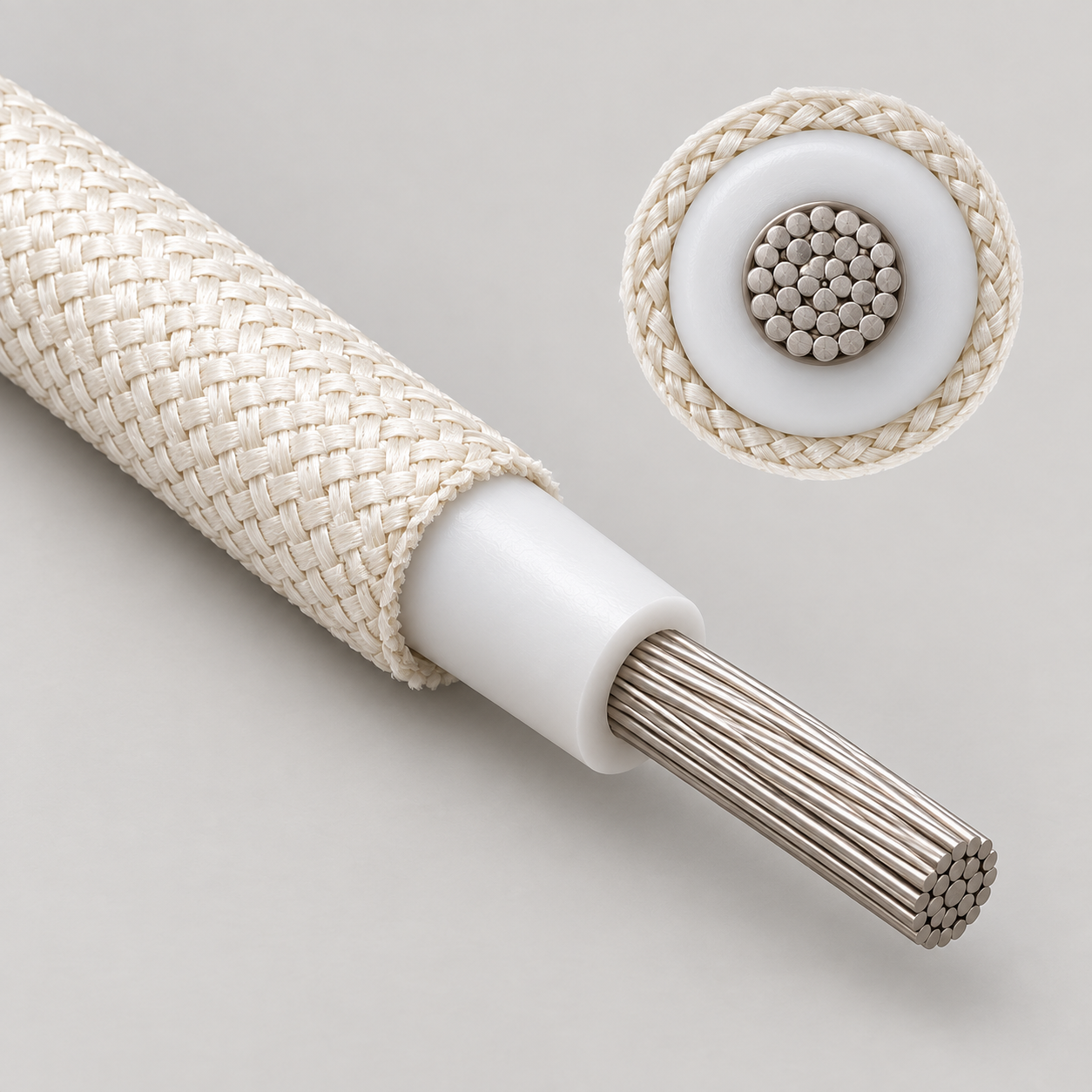 SFF-2 SRML wire cutaway showing tin-coated stranded copper conductor, silicone rubber insulation and fiberglass braid
