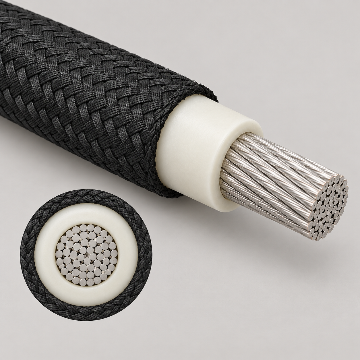 UL 3410 motor lead cutaway showing tinned copper strands, thick silicone rubber insulation and outer polyaramid braid