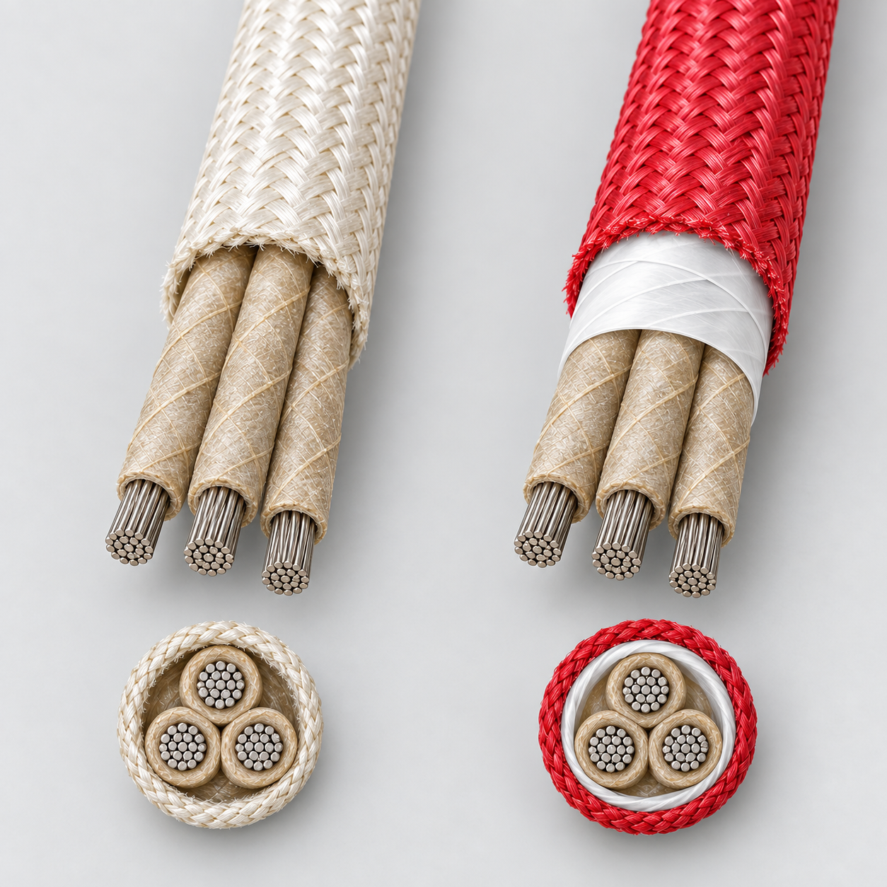 Multicore mica-glass cable cutaways showing base fiberglass braid and red-braid PTFE moisture-barrier constructions