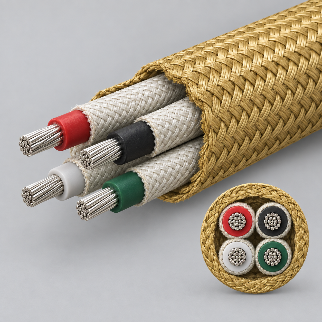 SRG-K cable cutaway showing tinned copper cores, silicone insulation, individual fiberglass braid and overall aramid braid