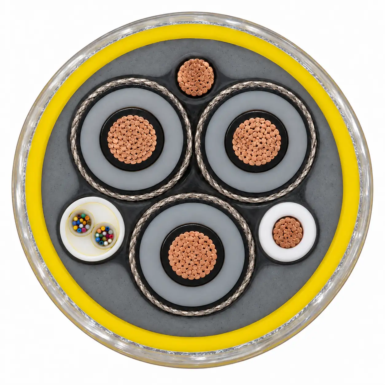 Mining cable cross-section with three individually screened phases, ground and ground-check conductors, optical unit and yellow TPU sheath