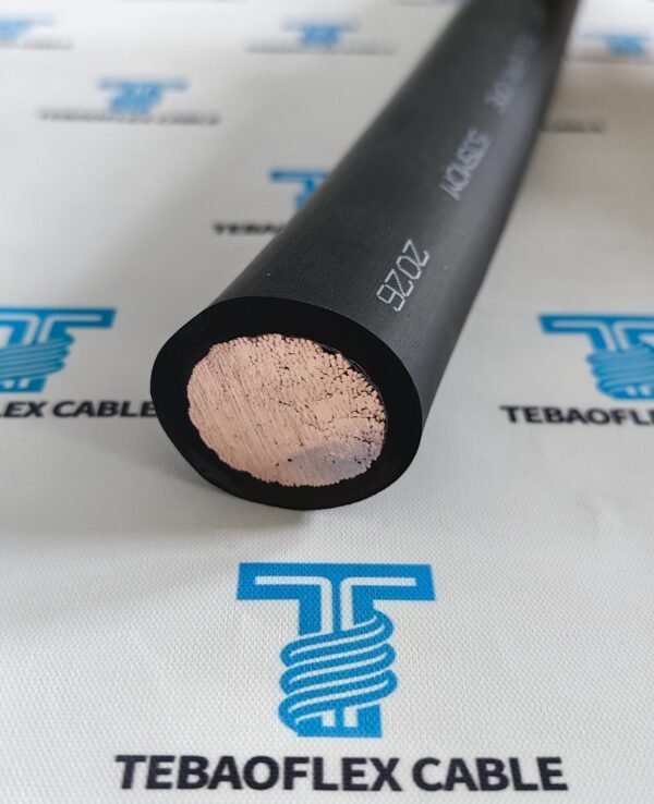 Cut end of TEBAOFLEX 535 kcmil DLO cable showing the fine-stranded conductor and black jacket