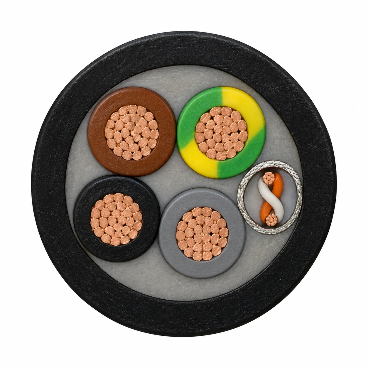Illustrative composite pump cable section with power and monitoring elements