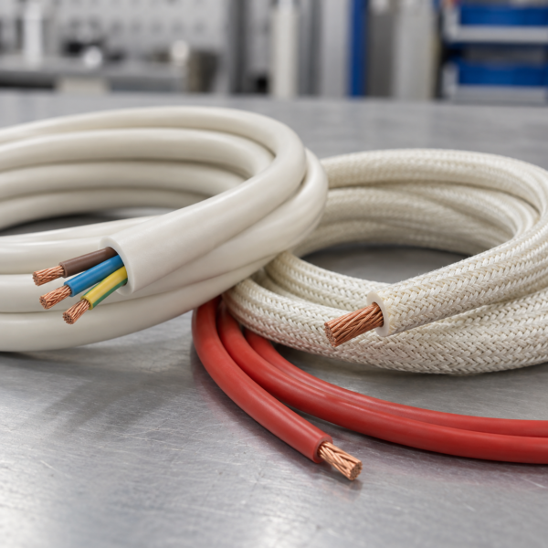 Illustration of silicone and fiberglass-braided high-temperature cable samples