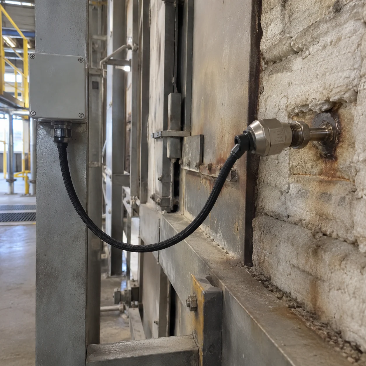Illustrative high-temperature RTD lead near industrial process equipment
