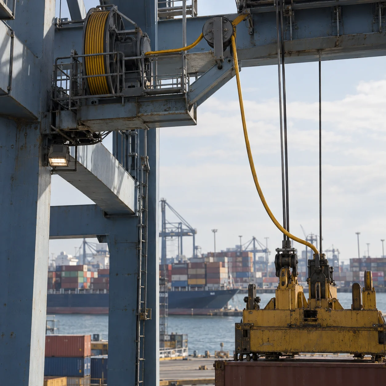 Illustrative vertical spreader reeling cable in port-crane service