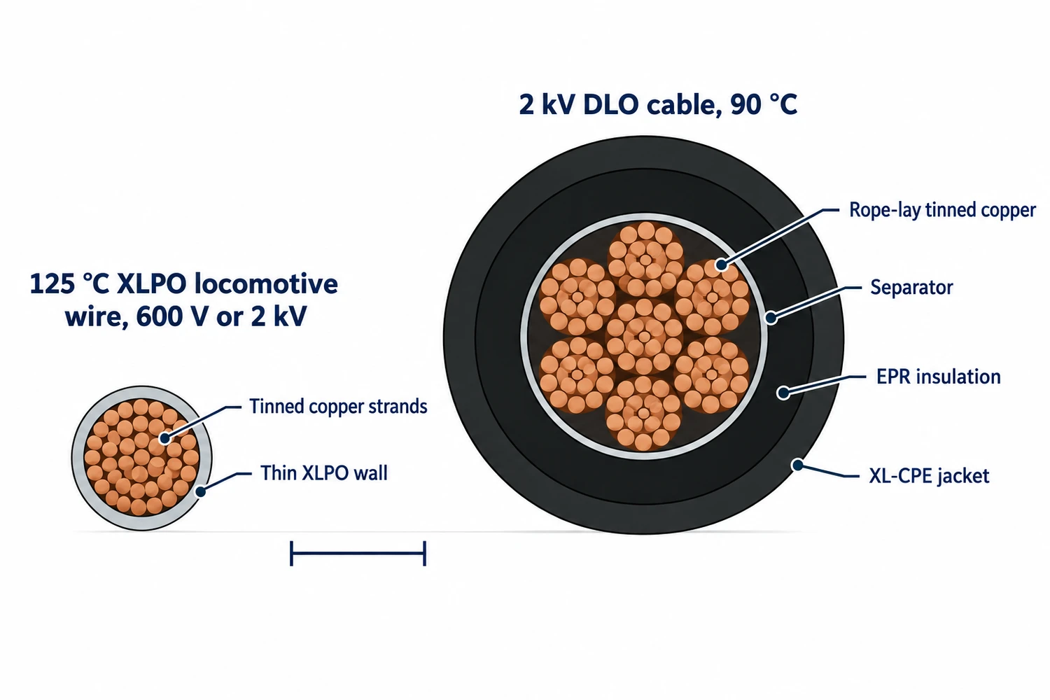 Cross-sections at the same scale of a thin-wall 125 °C XLPO locomotive wire and a thick-wall 2 kV DLO cable with EPR insulation and XL-CPE jacket