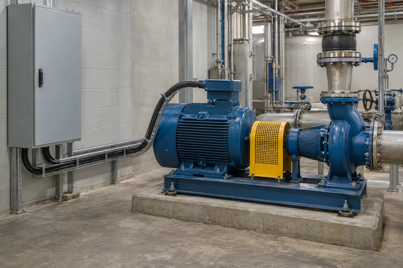 Black screened VFD motor cable linking an industrial pump motor and a closed drive cabinet