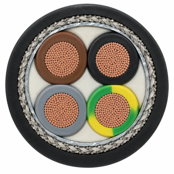 2XSLCYK-J cable cross-section with four cores including one green/yellow earth core, foil and copper braid