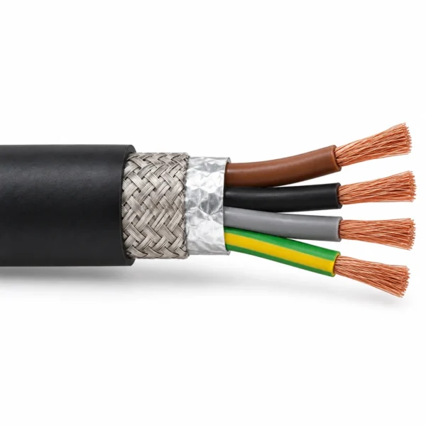 2XSLCYK-J black PVC cable cutaway showing four cores including one green/yellow earth core and foil and braid screens