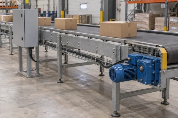 Black screened VFD motor cable linking a conveyor gearmotor and a closed drive cabinet