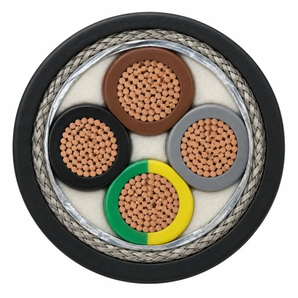 2YSLCYK-J cable cross-section with four cores including one green/yellow earth core, foil and copper braid