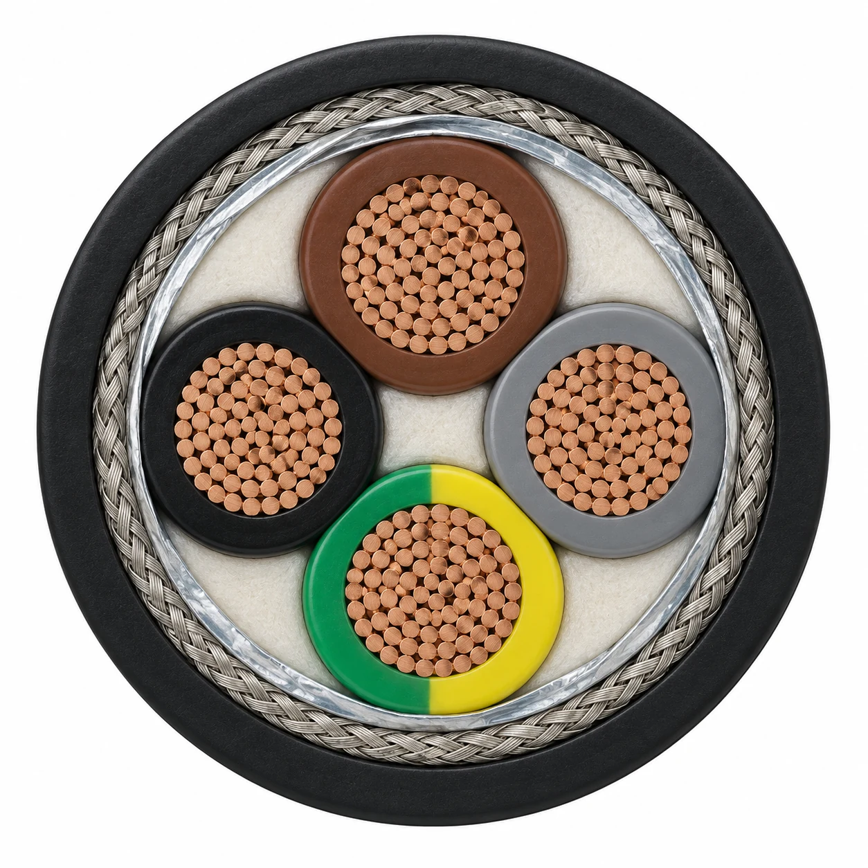 2YSLCYK-J cable cross-section with four cores including one green/yellow earth core, foil and copper braid
