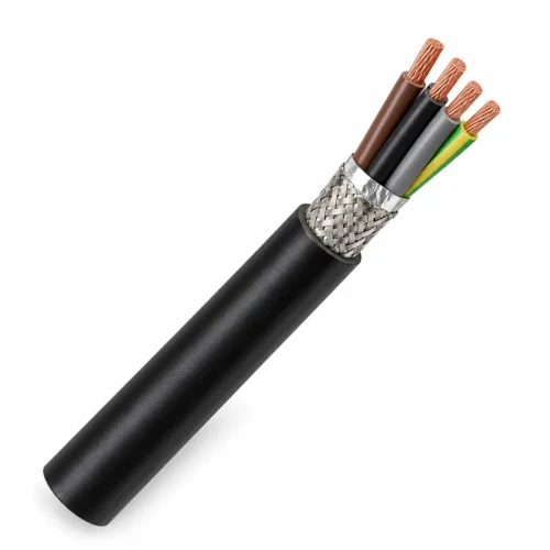 2YSLCYK-J black PVC cable cutaway showing four cores including one green/yellow earth core and foil and braid screens