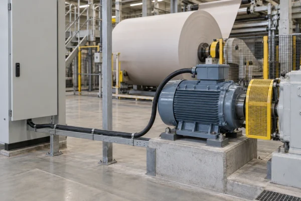 Black screened VFD motor cable linking a paper-processing motor and a closed drive cabinet