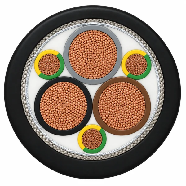 2YSLCYK-JB cable cross-section with three phase cores and three smaller green/yellow earth cores, foil and copper braid