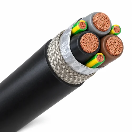 2YSLCYK-JB black PVC cable cutaway showing three phase cores and three smaller green/yellow earth cores and foil and braid screens