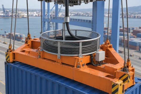 Black control cable entering a gravity-fed collector basket mounted on a container-crane spreader