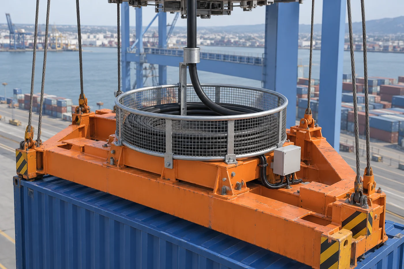 Black control cable entering a gravity-fed collector basket mounted on a container-crane spreader