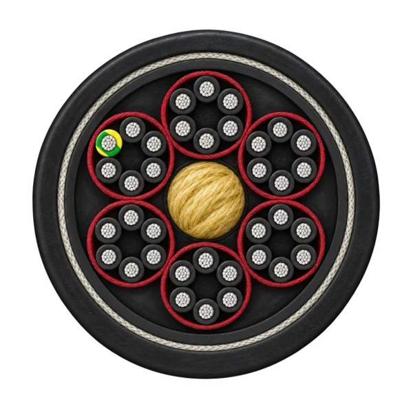 36-core 3GRDGÖU cross-section showing six bundles of six insulated cores and a central aramid support