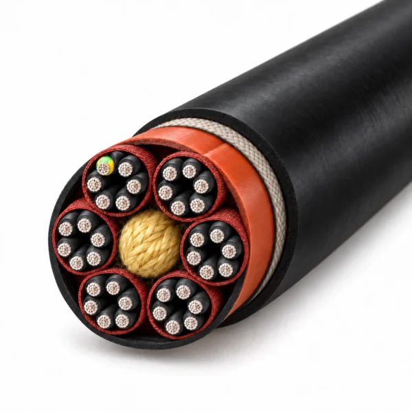 3GRDGÖU basket cable cutaway with six six-core bundles around an aramid support and black outer sheath
