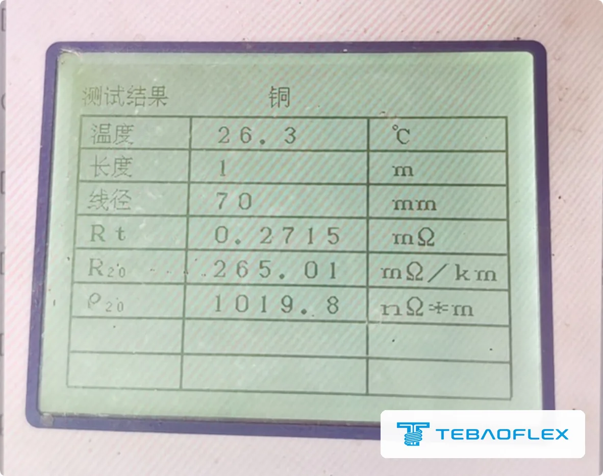 Conductor resistance meter: 70 mm² core, 1 m sample at 26.3 °C, corrected value 265.01 mΩ/km at 20 °C