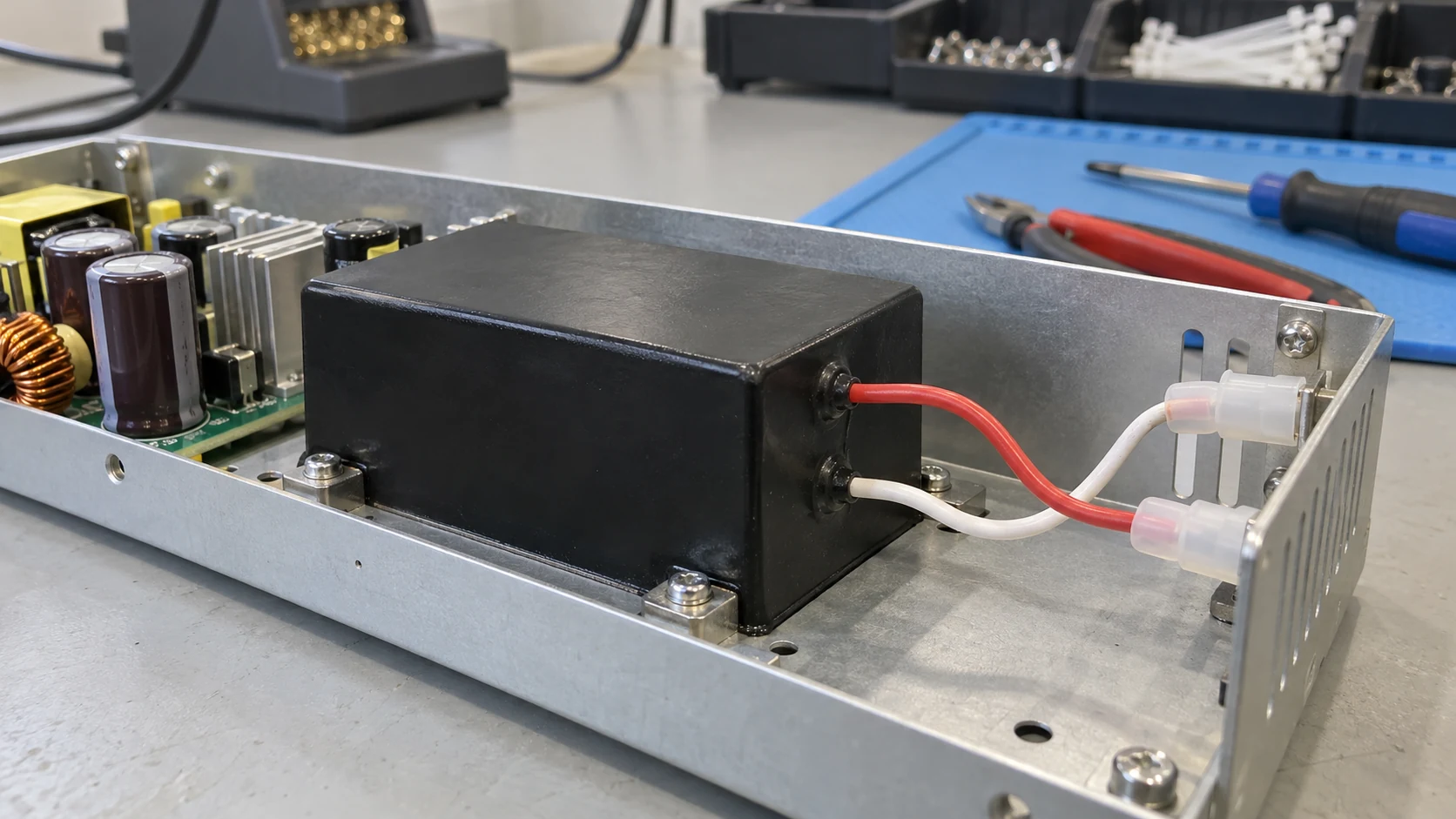 FEP high voltage wire — application FEP insulated leads connected to a potted high voltage transformer on an assembly bench
