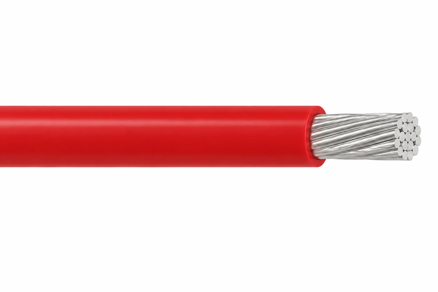 FEP high voltage wire with insulation stripped back to show its stranded conductor and plain fep insulation