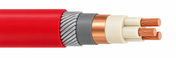 Cabo mineiro fixo vermelho YKGYFoyn 3.6/6 kV com três condutores isolados em PVC em triângulo, fita comum de cobre e armadura simples de fios de aço