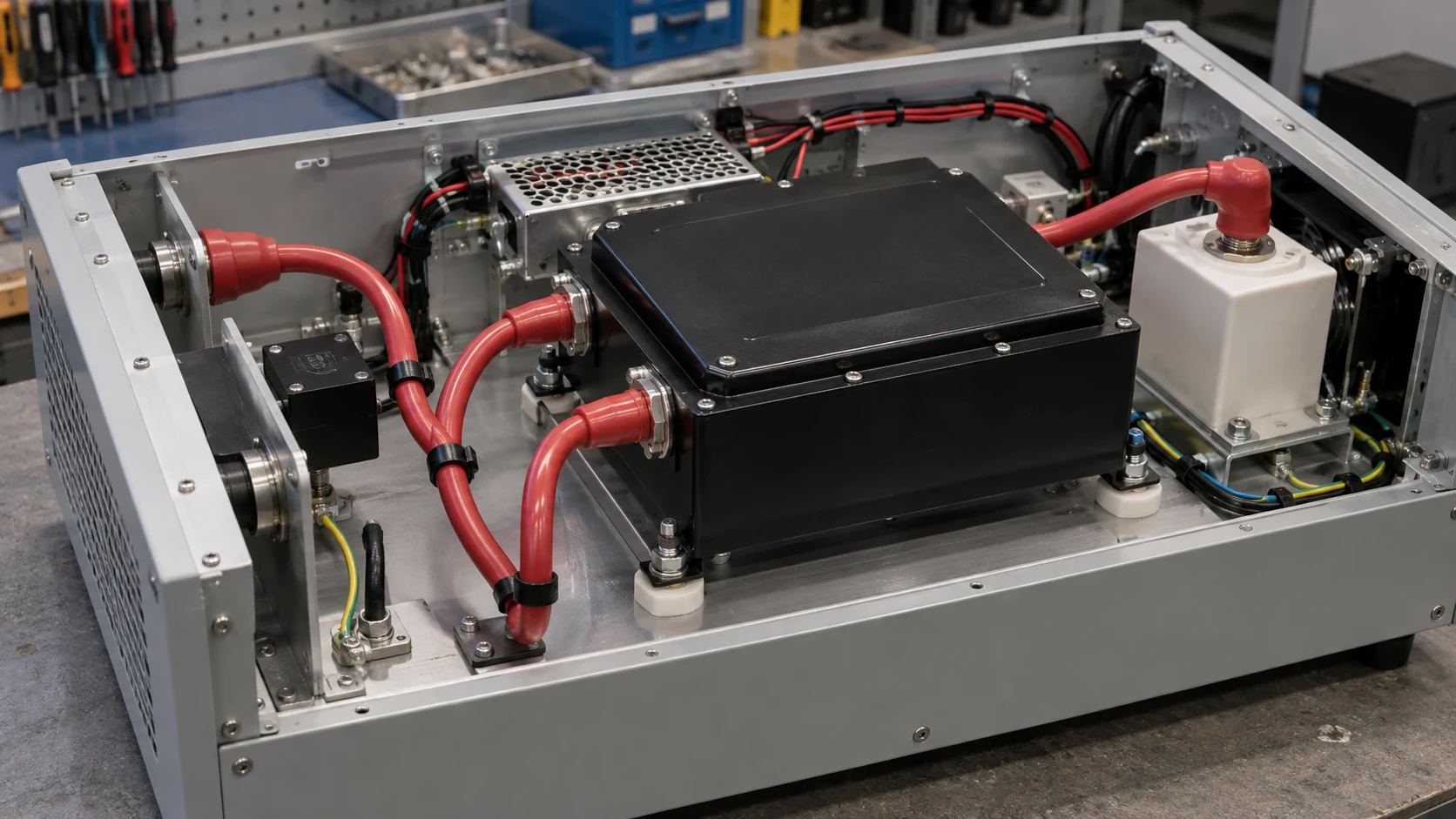 High current silicone high voltage wire — application Silicone insulated power leads routed inside a high voltage equipment cabinet
