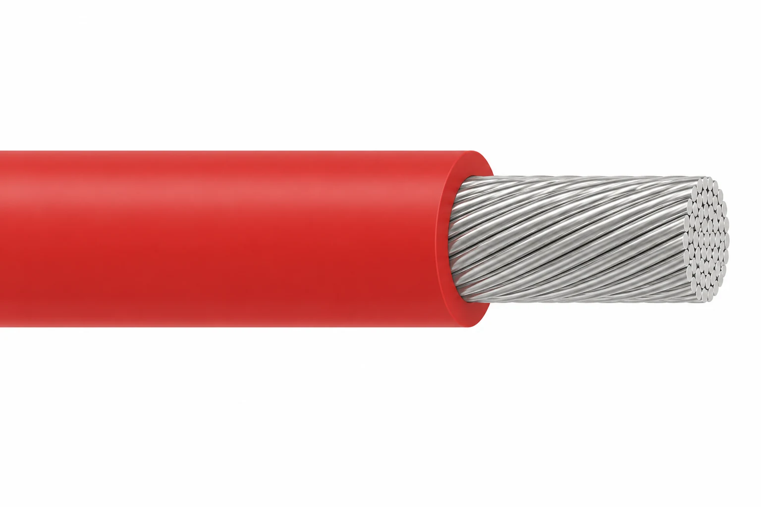 High current silicone high voltage wire with insulation stripped back to show its large stranded conductor and silicone insulation