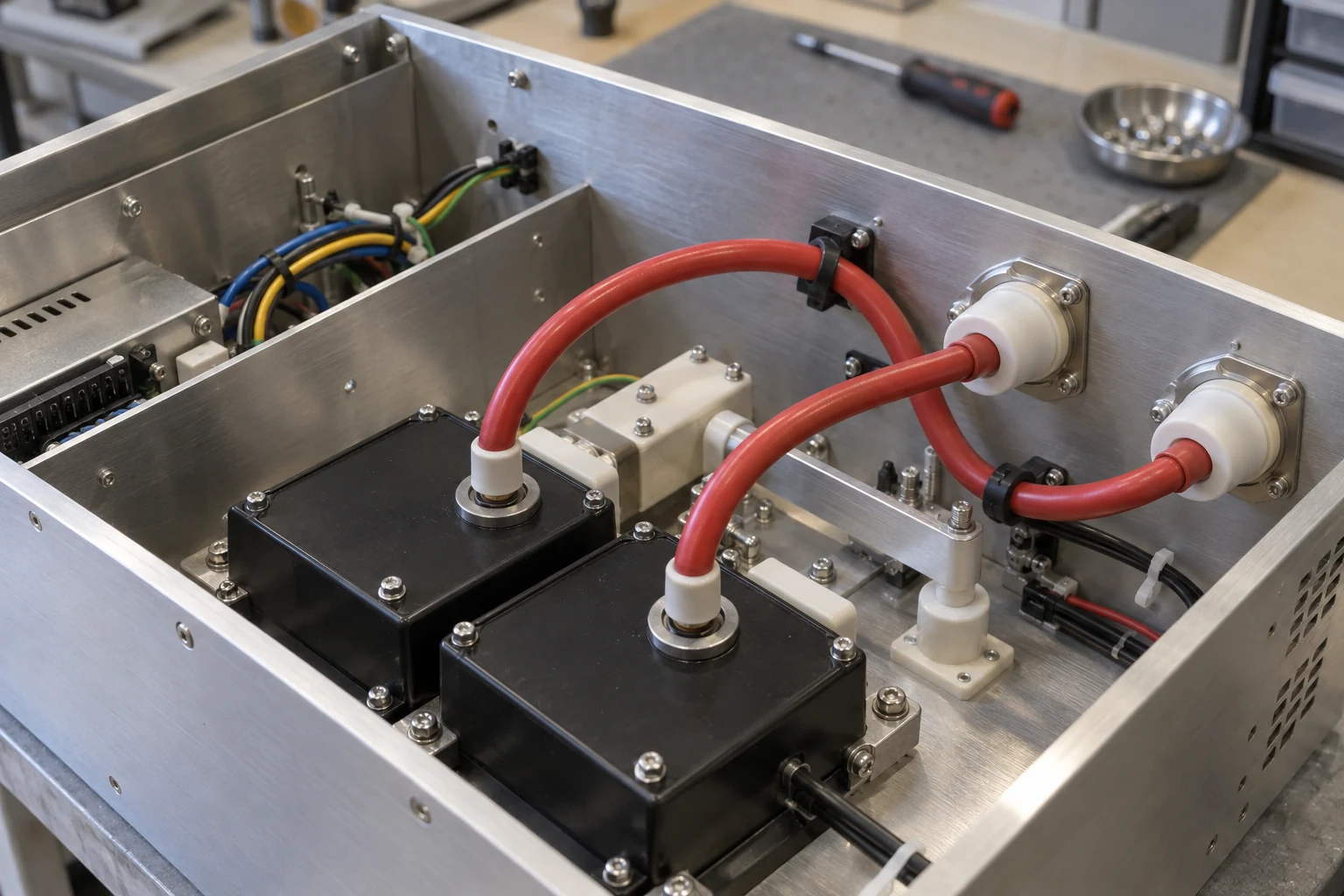 High voltage silicone wire — application Red silicone lead wires connected to insulated feedthroughs inside an equipment enclosure