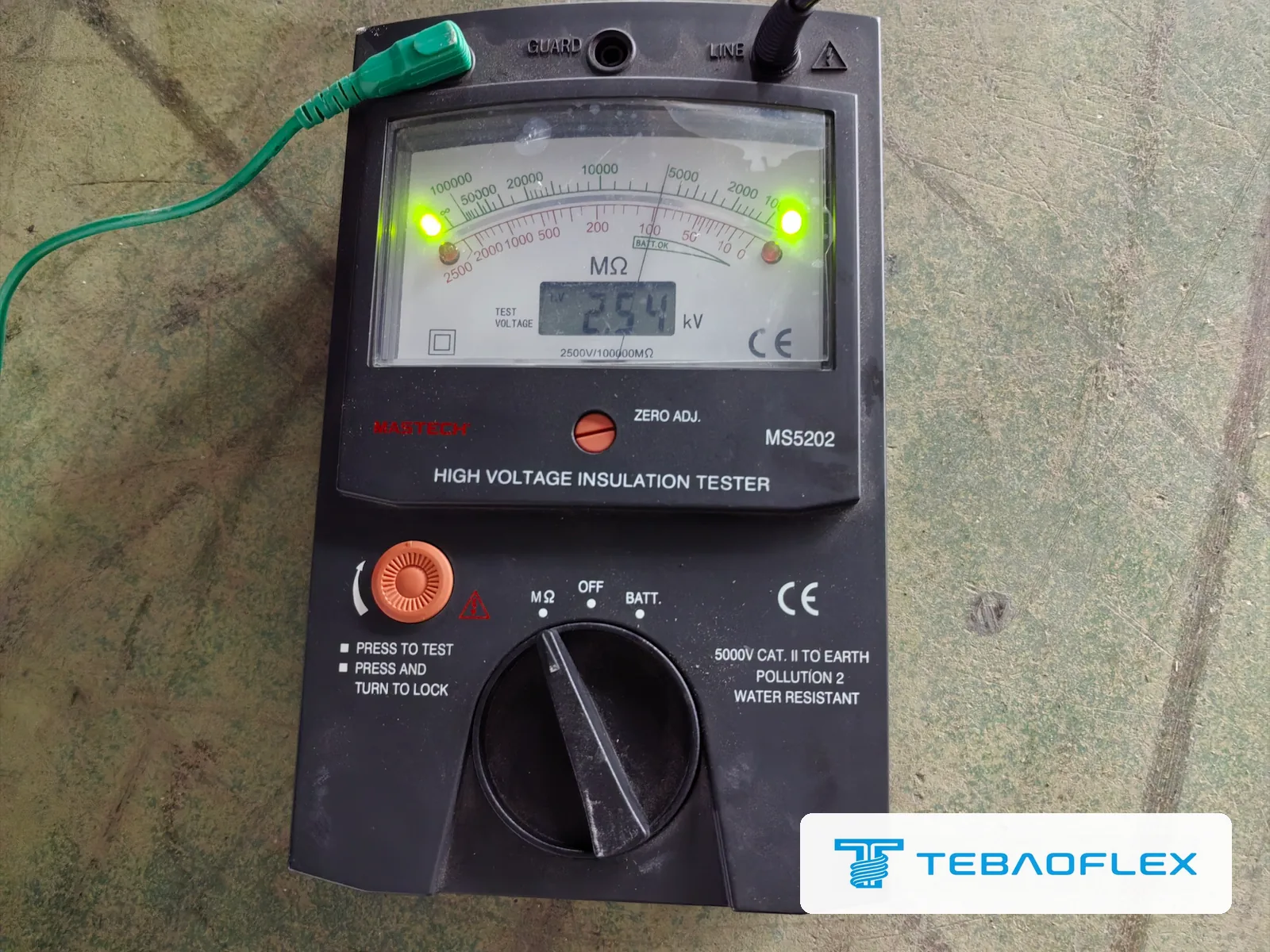 Insulation resistance test on the finished drum: 2.54 kV DC test voltage on the display, needle near 5,000 MΩ