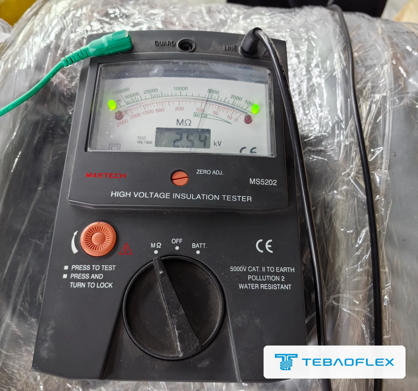 Insulation resistance test on the finished drum: test voltage 2.54 kV DC, needle in the thousands of megohms