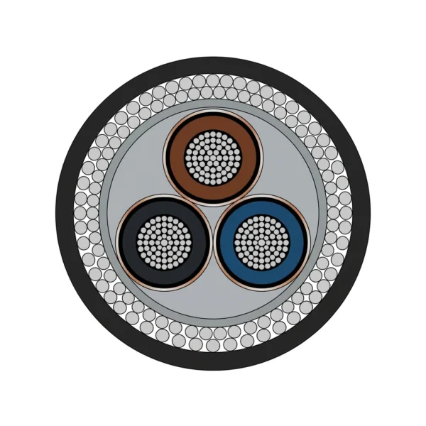 Cabo armado autoportante de descida para furos de sonda e poços de mina (0.6/1–15 kV) — secção transversal Secção transversal do cabo armado de 6/10 kV para furos e poços de mina com três condutores de potência em cobre blindados, bainha interna cinzenta, anel concêntrico de fios circulares de armadura em aço galvanizado e bainha exterior preta espessa