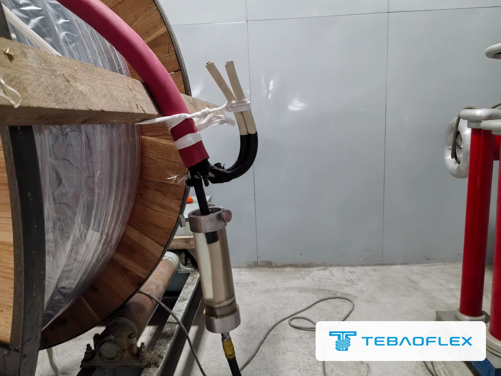 Cable end prepared and connected to the series resonance test set for the AC voltage and partial discharge tests
