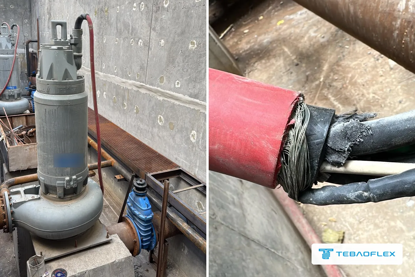Customer photos of the existing installation. Left: submersible pump in the concrete pit of a river-port pump station with its existing red cable running up the wall. Right: cut end of the existing red pump cable showing the copper wire braid, black inner sheath and cores