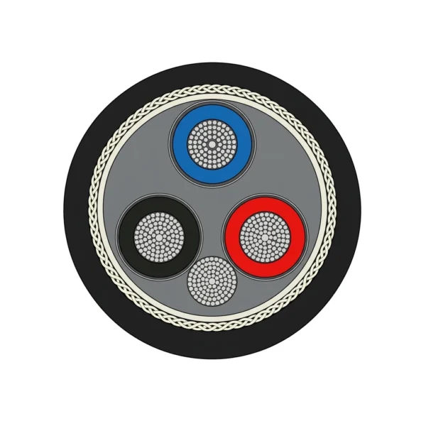 MYP & MYPT Screened Flexible Coal Mining Cable (0.38/0.66–1.9/3.3 kV) — cross Cross-section of MYP and MYPT 3+1 screened flexible coal mining cable with three individually screened EPR-insulated power conductors, one interstitial earth conductor and a braid-reinforced black rubber outer jacket