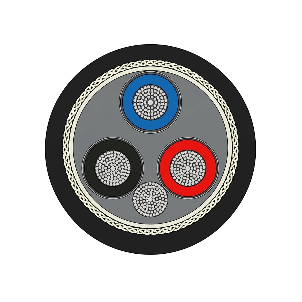 Cross-section of MYP and MYPT 3+1 screened flexible coal mining cable with three individually screened EPR-insulated power conductors, one interstitial earth conductor and a braid-reinforced black rubber outer jacket