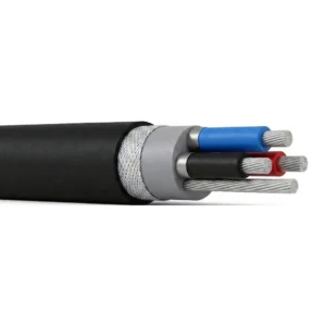 Metalik ekranlı üç EPR güç damarını, bir çıplak kalaylı bakır topraklama damarını ve siyah polikloropren kauçuk dış kılıfı gösteren MYPT 1.9/3.3 kV ekranlı esnek kömür madeni kablosu kesit görünümü