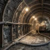 MYP & MYPT Screened Flexible Coal Mining Cable (0.38/0.66–1.9/3.3 kV) — scene Underground coal mine roadway with a black MYPT screened flexible mining trailing cable suspended on roadway cable hooks and feeding a mobile roadheader