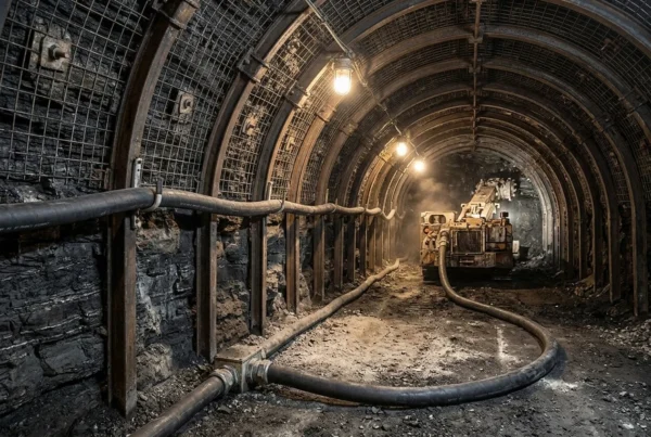 MYP & MYPT Screened Flexible Coal Mining Cable (0.38/0.66–1.9/3.3 kV) — scene Underground coal mine roadway with a black MYPT screened flexible mining trailing cable suspended on roadway cable hooks and feeding a mobile roadheader