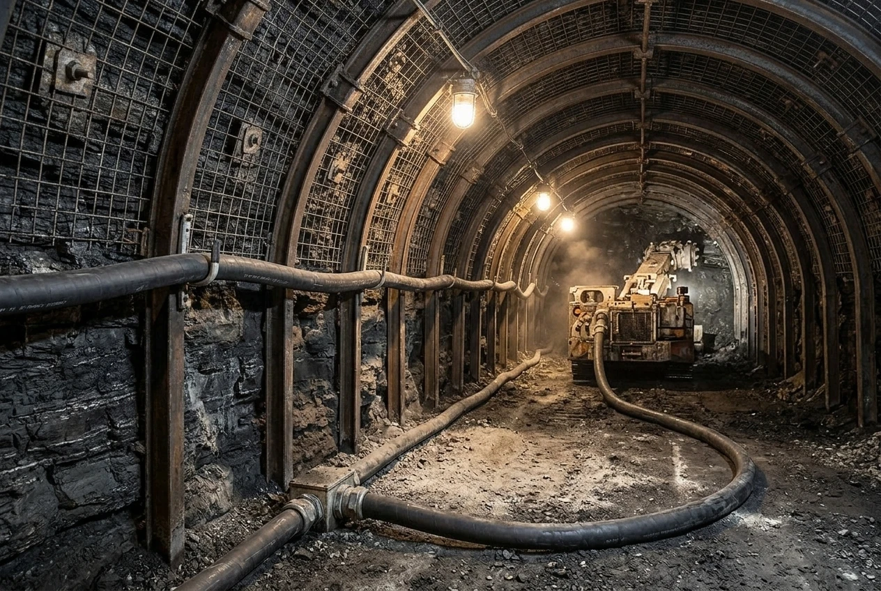Underground coal mine roadway with a black MYPT screened flexible mining trailing cable suspended on roadway cable hooks and feeding a mobile roadheader
