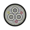 MYPTJ Monitored Medium-Voltage Mining Trailing Cable (3.6/6–8.7/10 kV) — cross Cross-section of MYPTJ 6/10 kV monitored medium-voltage mining cable with three triple-extruded metallic-screened power cores, three interstitial earth and pilot monitoring cores and a braid-reinforced outer jacket