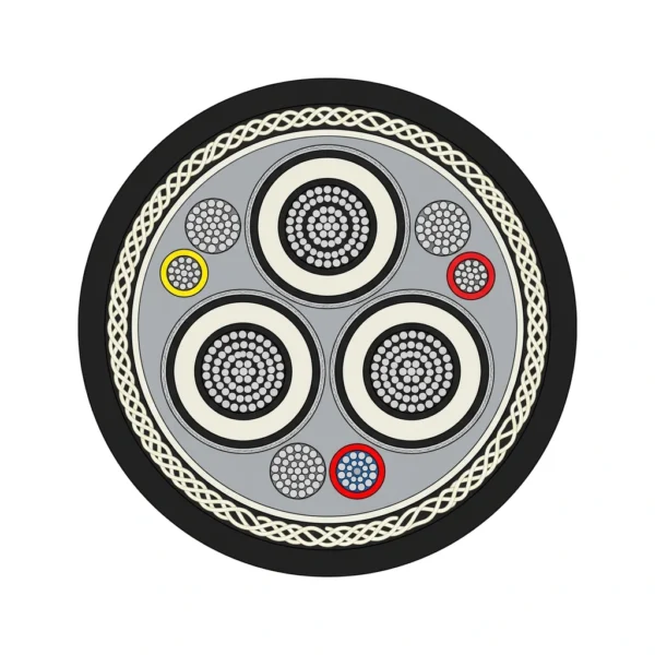 MYPTJ Monitored Medium-Voltage Mining Trailing Cable (3.6/6–8.7/10 kV) — cross Cross-section of MYPTJ 6/10 kV monitored medium-voltage mining cable with three triple-extruded metallic-screened power cores, three interstitial earth and pilot monitoring cores and a braid-reinforced outer jacket