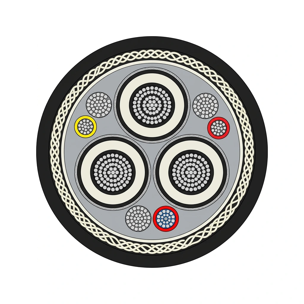 Cross-section of MYPTJ 6/10 kV monitored medium-voltage mining cable with three triple-extruded metallic-screened power cores, three interstitial earth and pilot monitoring cores and a braid-reinforced outer jacket