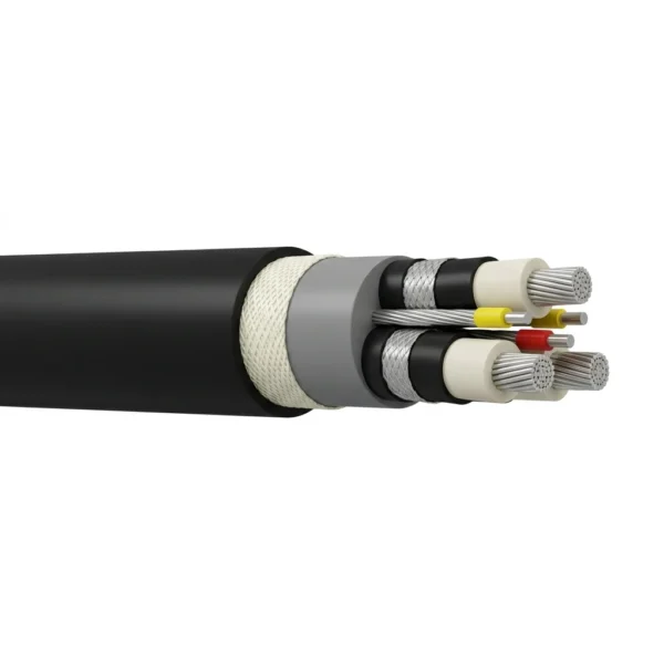 MYPTJ Monitored Medium-Voltage Mining Trailing Cable (3.6/6–8.7/10 kV) — main MYPTJ 6/10 kV monitored medium-voltage mining trailing cable cutaway showing three metallic-shielded EPR power cores, interstitial earth and pilot monitoring cores and a reinforced rubber outer sheath
