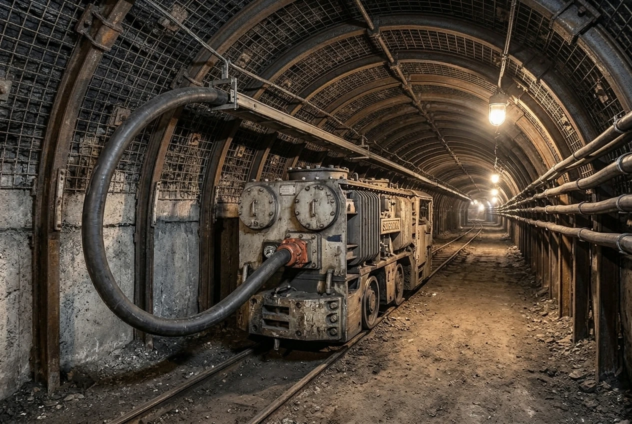 Underground coal mine substation gallery with a medium-voltage MYPTJ monitored trailing cable feeding a rail-mounted flameproof mobile transformer
